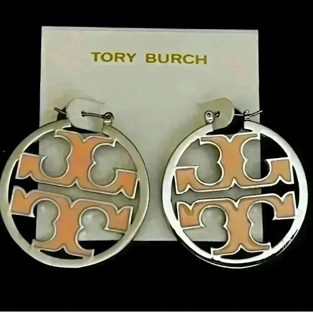 Tory Burch Two-Tone Logo Cutout Hoop Earrings - Peach and Silver